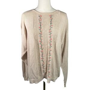 Cottage Essentials Embroidered Floral‎ Sweater Beige Ramie Cotton M Vintage